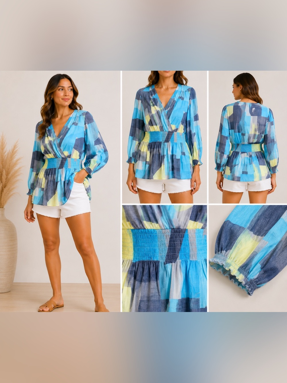 Alfani Geometric Faux Wrap Blouse Size 8 Teal Smocked Waist Y2K Top